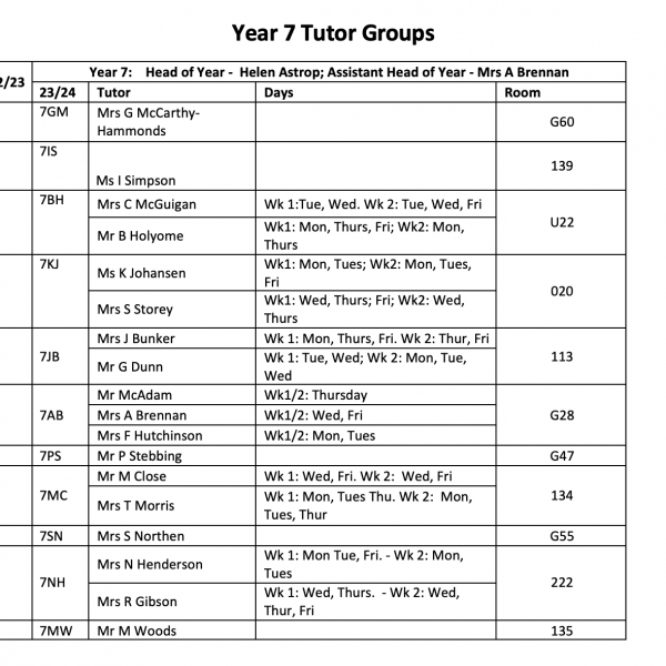 Year 7 Tutor Groups