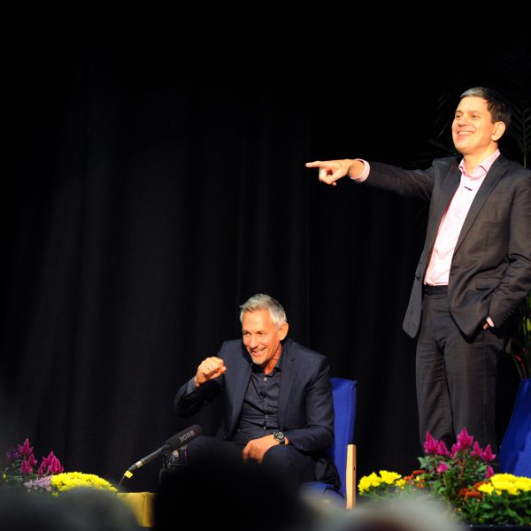 Gary Lineker at the South Shields Lecture hosted by former MP David Miliband, at Harton Academy.